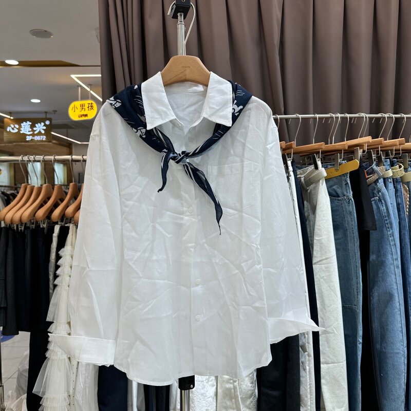 欧货2026年春季新款时尚复古港风POLO领配丝巾长袖衬衫上衣女ins