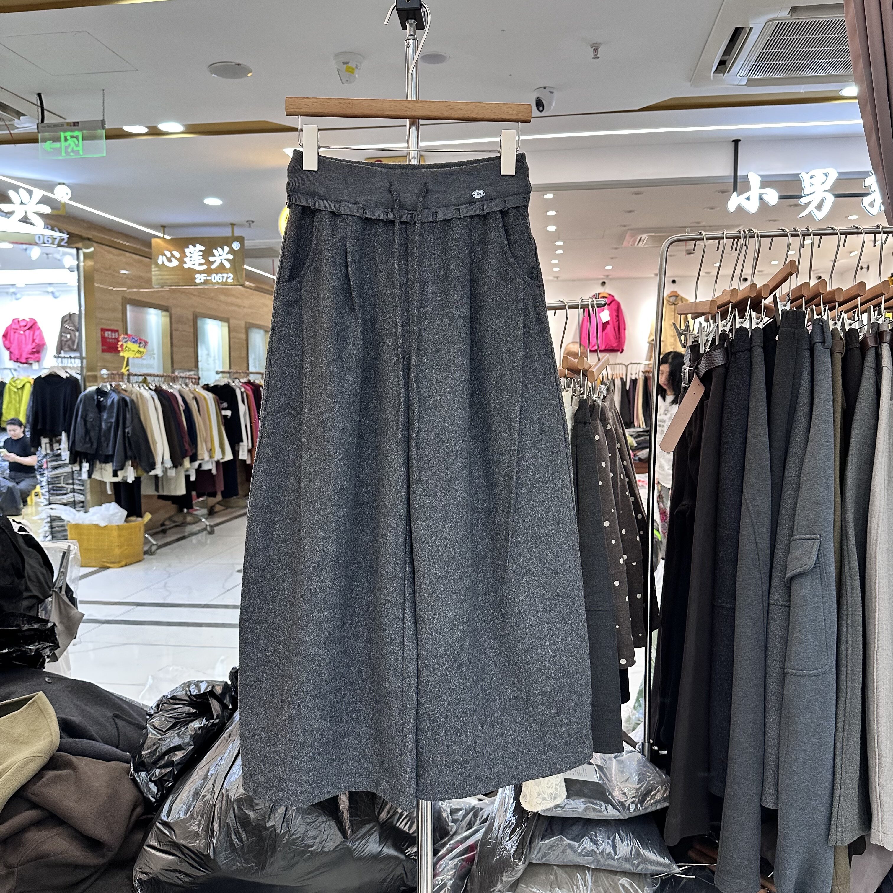 韩系高腰抽绳显瘦灰色阔腿裤女