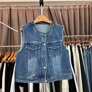 新款 牛仔马夹外套女装 韩版 美式 圆领单排扣显瘦百搭无袖 2026年春装