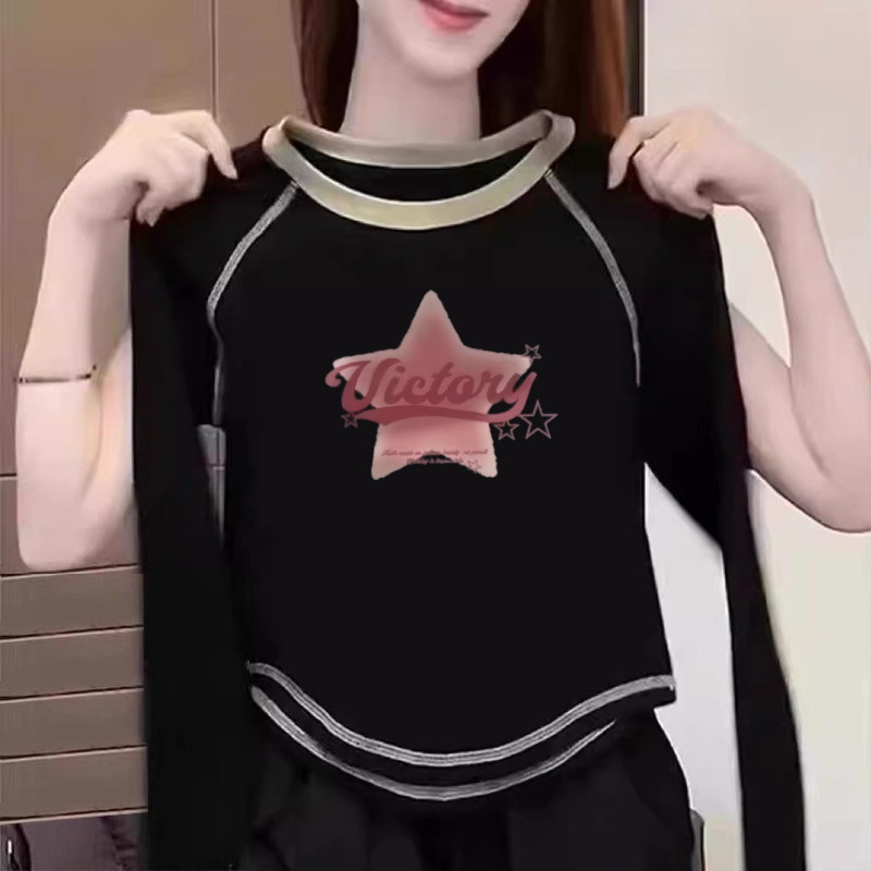 女童2026年新款内搭上衣纯棉加绒春秋撞色奥绒打底衫时尚修身t恤