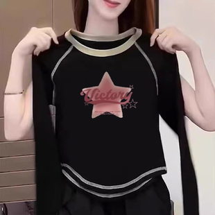 女童2026年新款内搭上衣纯棉加绒春秋撞色奥绒打底衫时尚修身t恤