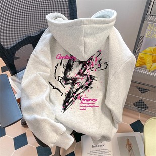 女童春秋款新款小众不撞款闪电字母连帽宽松卫衣儿童加绒上衣长袖