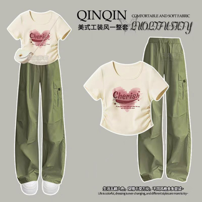 女童2026夏季新款皱褶短袖休闲运动学生两件套夏装阔腿工装裤套装