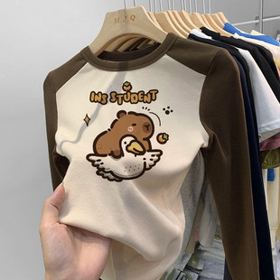 女童莫代尔纯棉春秋冬打底衫卡通印花长袖修身上衣插肩袖撞色T恤