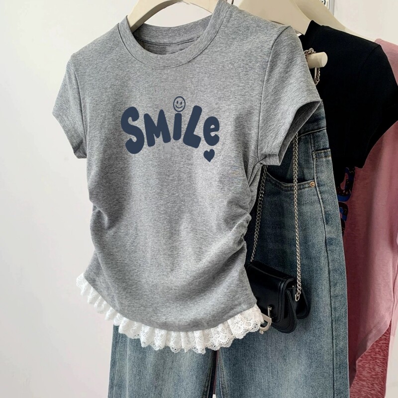 2026新款女童纯棉短袖夏季T恤儿童褶皱收腰薄款短款修身女孩上衣