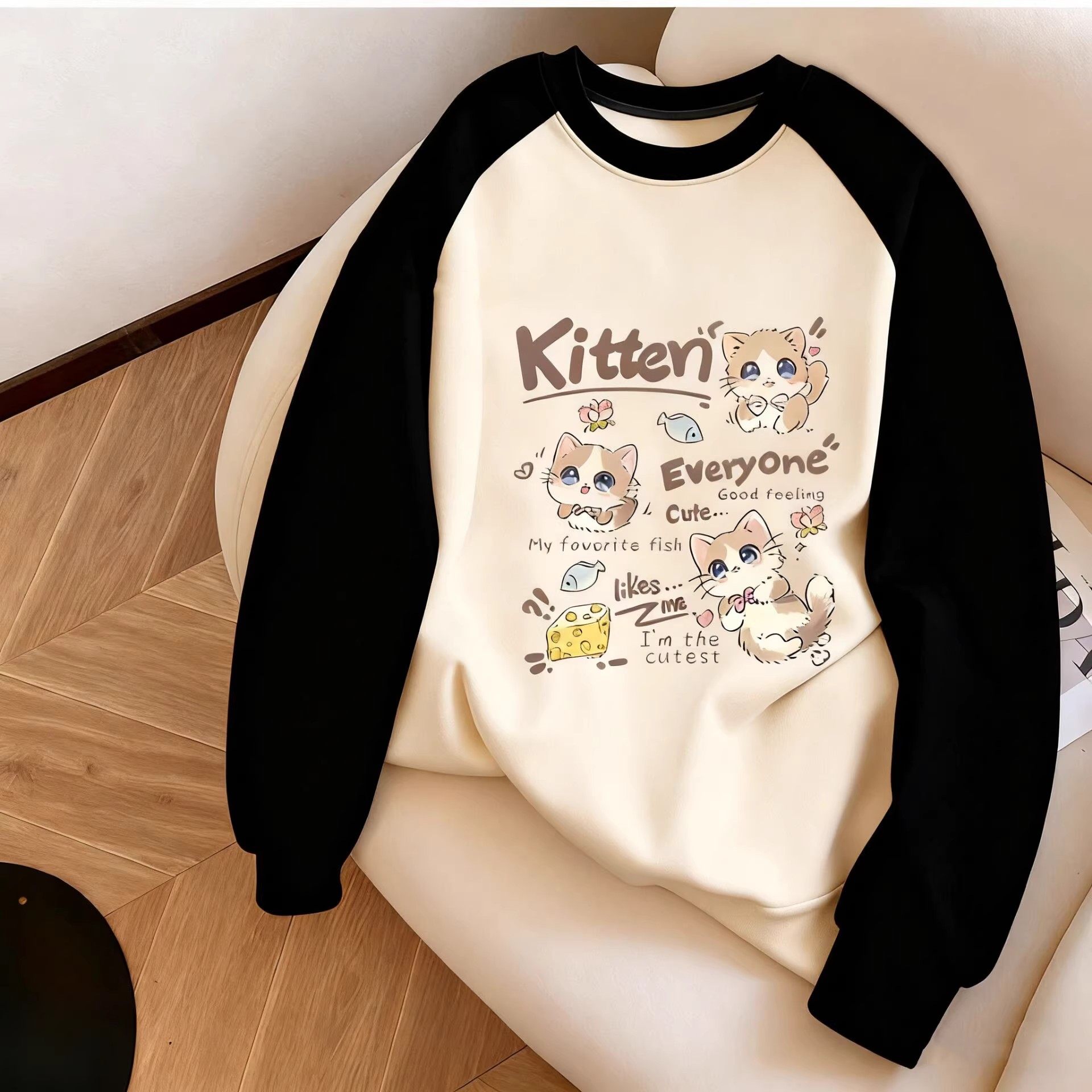 女童卫衣加绒纯棉圆领长袖春秋冬新款套头宽松百搭插肩袖保暖上衣