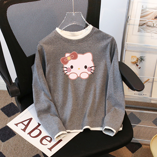 2026春秋新款纯棉女童长袖T恤卡通假两件打底衫套头中大儿童上衣