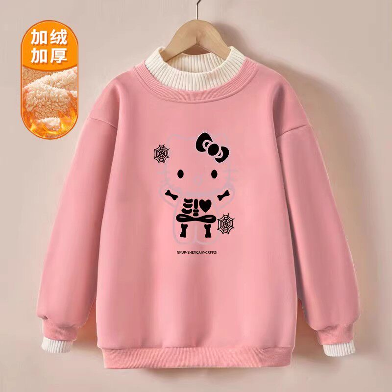 女童2025秋冬新款加绒宽松卫衣卡通猫咪拼色上衣儿童加厚保暖外套