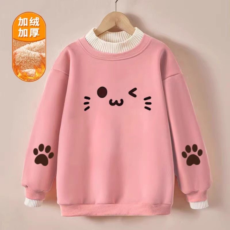 女童加绒宽松卫衣2025秋冬新款卡通猫咪拼色上衣儿童加厚保暖外套
