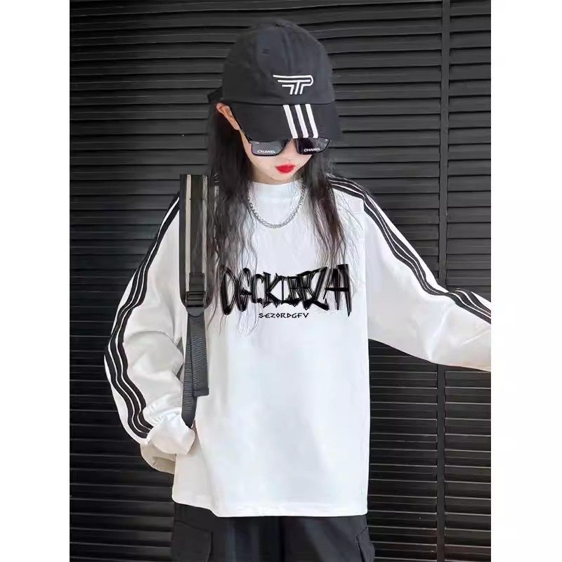 女童2026春秋季新款纯棉三条杠长袖t恤潮牌酷印花上衣儿童打底衫