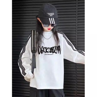 女童2026春秋季新款纯棉三条杠长袖t恤潮牌酷印花上衣儿童打底衫