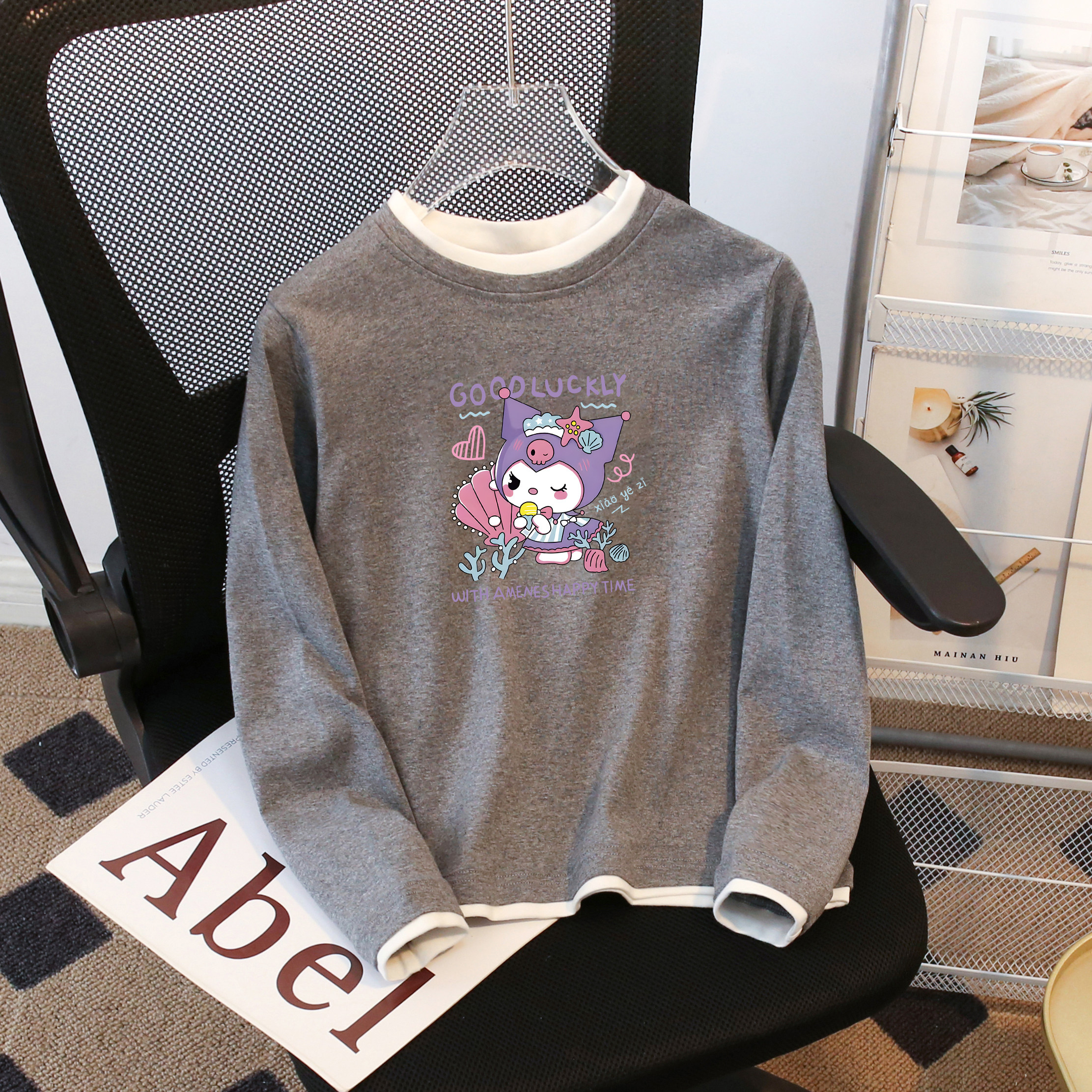 女童纯棉撞色长袖2026春秋季新款卡通印花T恤儿童修身假两件上衣