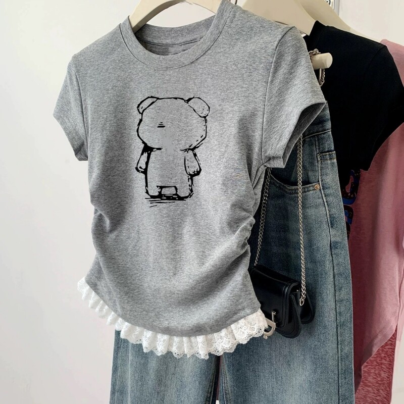 女童2026年新款纯棉短袖夏季蕾丝收腰短款休闲风上衣修身儿童t恤