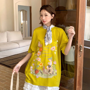 花园短袖 YANAG原创设计蜗牛坐骑 T恤芥末黄白色紫色情侣宽松上衣