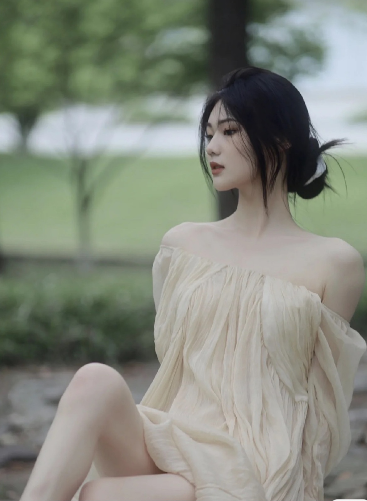 真丝植物染古风复古一字肩