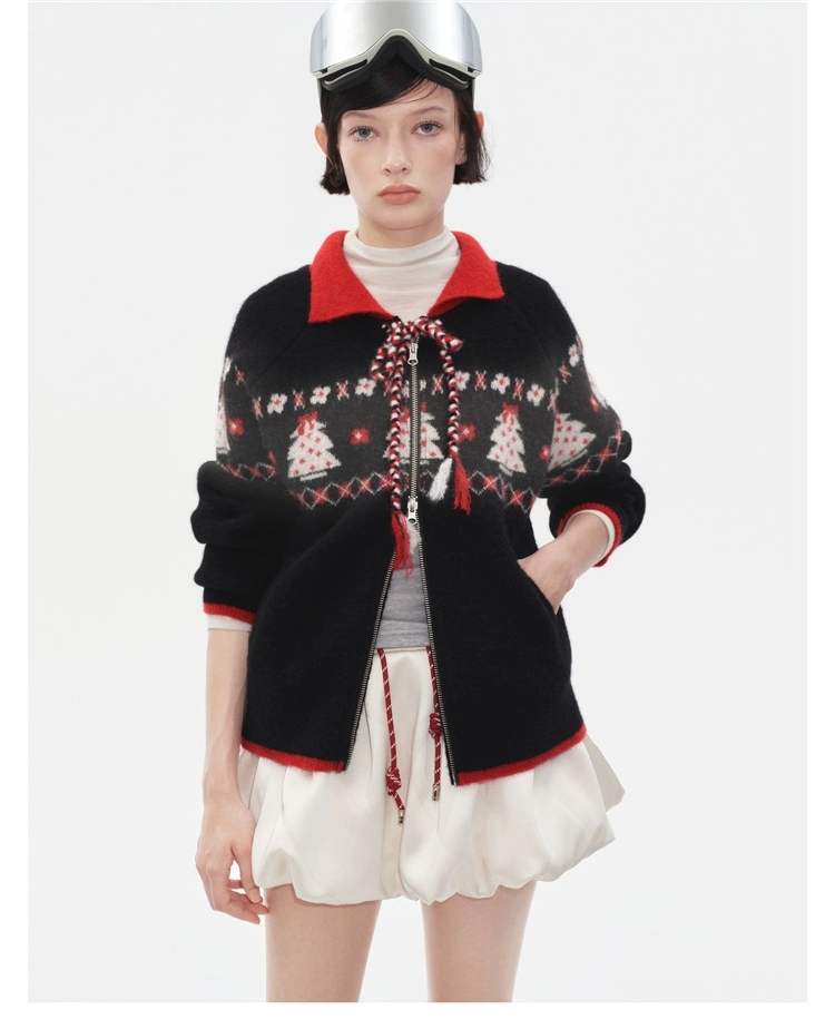 Herlian圣诞树图案提花拼色百搭针织毛衣开衫外套女