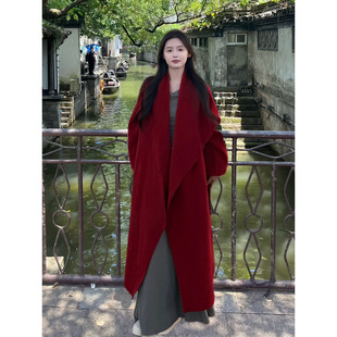 韩系红色翻领羊毛呢子外套女秋冬赫本风中长款高级感气质双面大衣