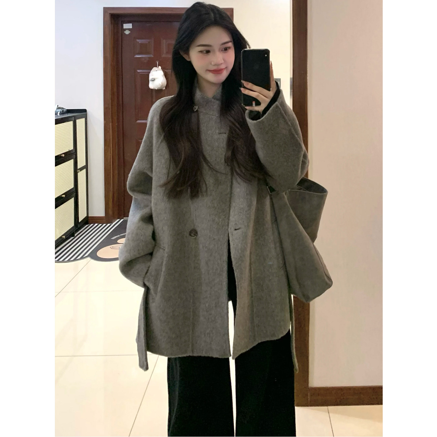 灰色双面羊毛大衣女款2026新款秋冬季高级感短款小个子羊毛呢外套图片