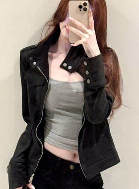 早春精致外套春装女款2026新款韩系超好看休闲短款麂皮绒黑色夹克