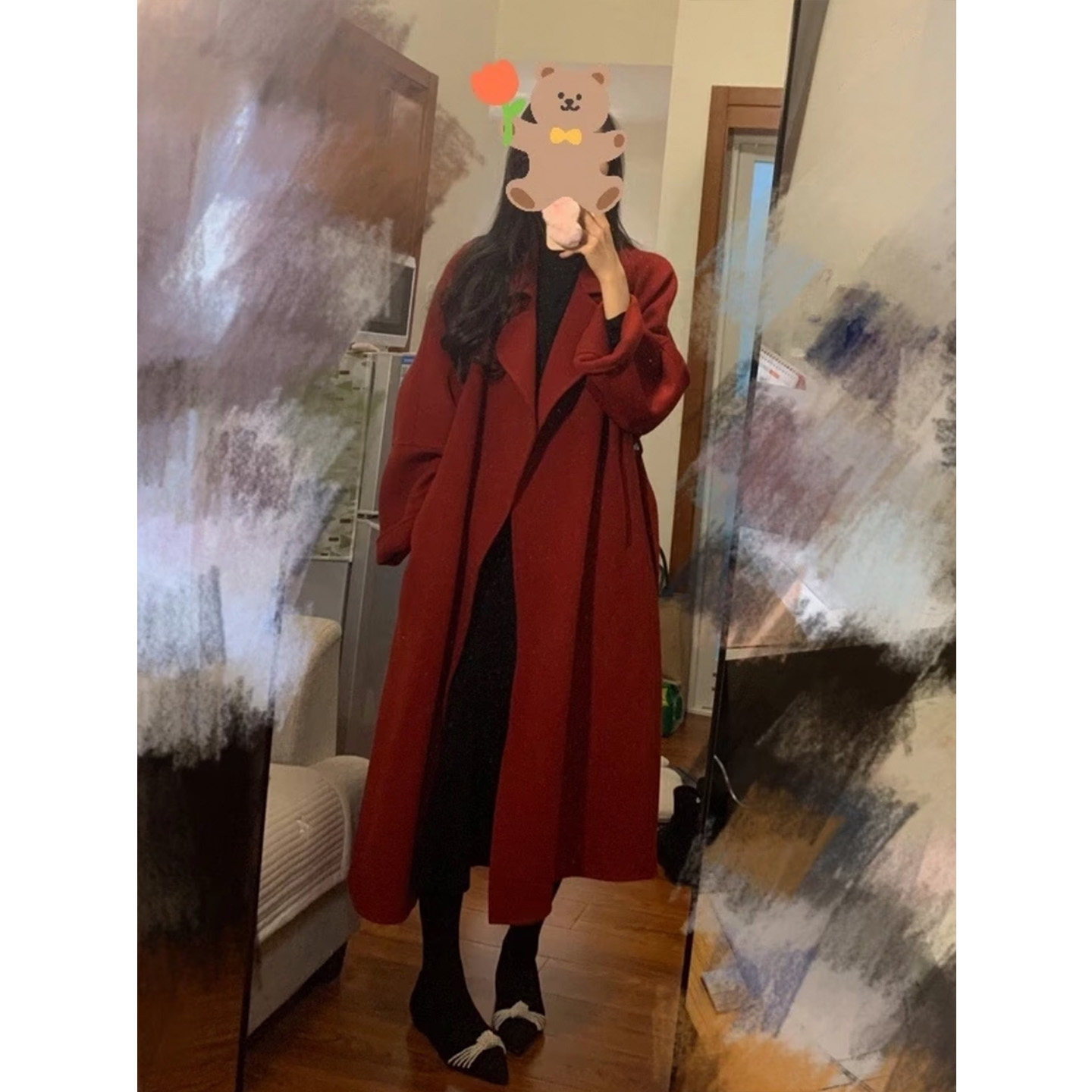 红色羊毛呢子外套女秋冬季赫本风中长款小个子高级感气质双面大衣