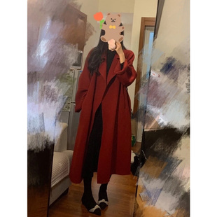 红色羊毛呢子外套女秋冬季赫本风中长款小个子高级感气质双面大衣