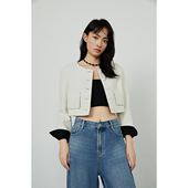 FOR 黑白拼色蕾丝箱型小香风上衣圆领单排扣气质高腰百搭外套