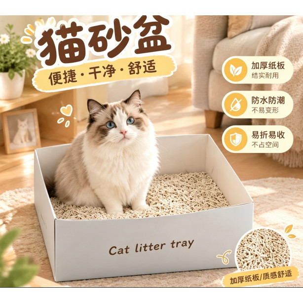 猫砂盆新款可折叠一次性便携式纸质车载外出寄养旅行加厚易猫厕所