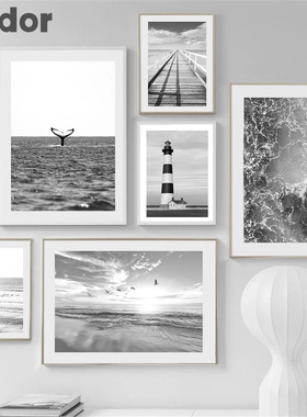 Black White Sea Beach Whale Lighthouse Wall Art Poster Decor