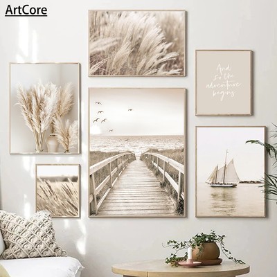 米色花草风景壁画海滩风景海报