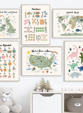 World Map Alphabet Number Educational Poster Canvas Posters