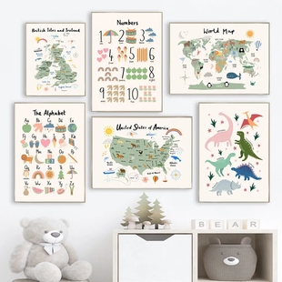 World Map Alphabet Number Educational Poster Canvas Posters