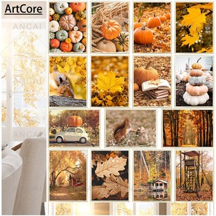 Landscape Autumn Poster Pumpkin Oil Yellow Halloween Leaf