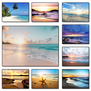Posters Gold Sea Sunset Canvas Beach Landscape Paint Hawaii