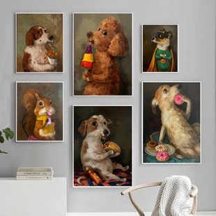 Vintage Funny Puppy Eating Donut Art Poster Cute Amusing