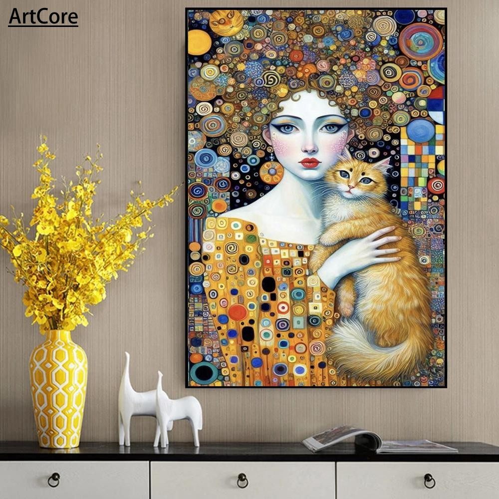 Abstract Woman Cat Canvas Poster Wall Art Gustav Klimt Art