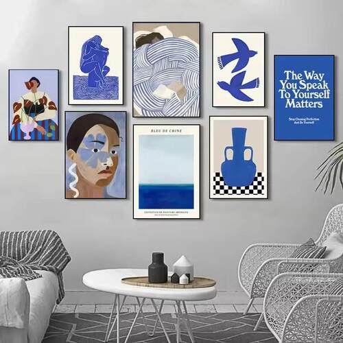 Abstract Blue Geometric Line Poster Canvas Painting Wall Art