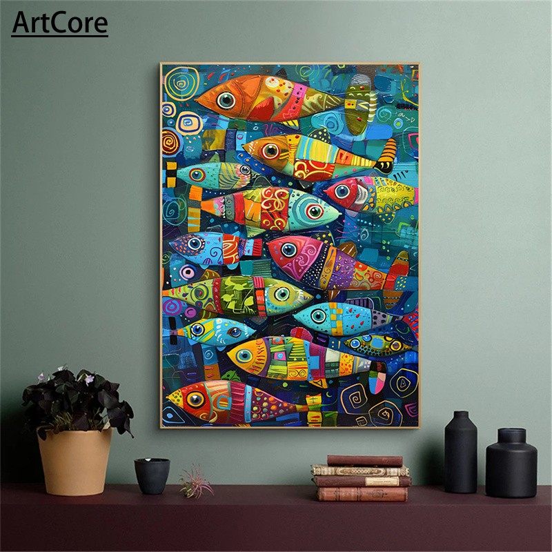 Abstract Colorful Fish in The Sea Posters Painting Vintage