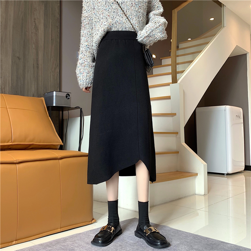 Autumn and winter new slim high waist irregular A-line long skirt knitted skirt women's real price