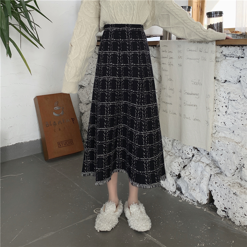 Small fragrance high waist Plaid A-line skirt tassel medium length wool knitted skirt