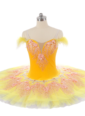 睡美人黄色tutu芭蕾演出服睡美人公主比赛服装盘裙7层硬纱绿橙色