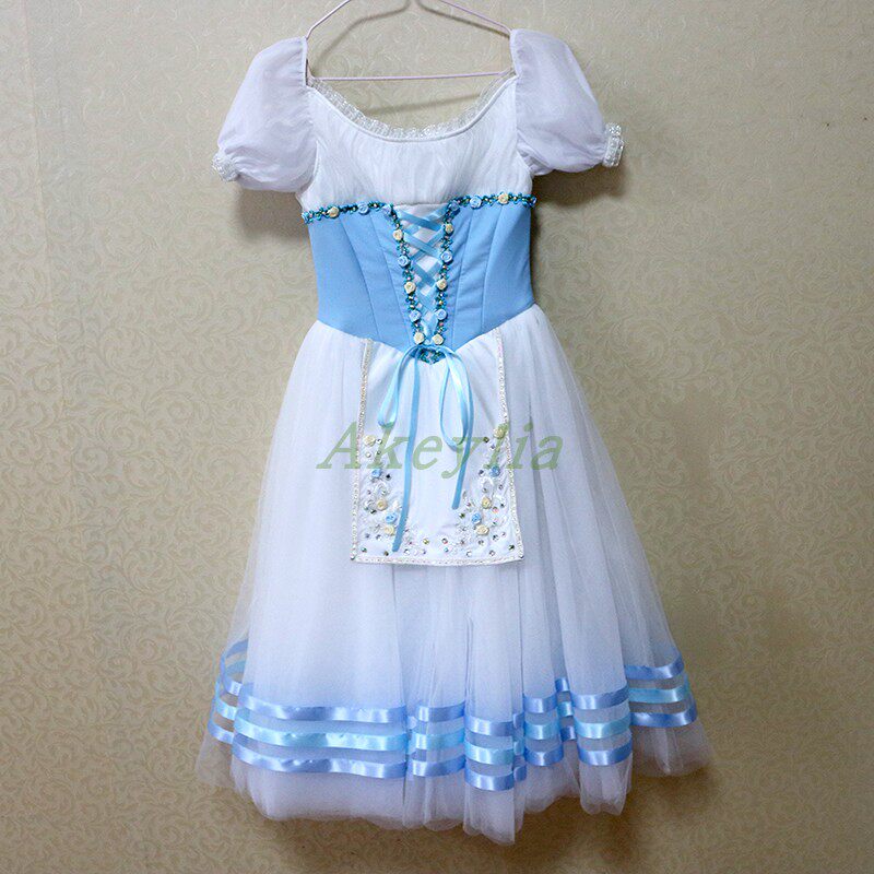 量身定制专业芭蕾舞裙浪漫长裙浅蓝白色赛演出服软纱长裙吉赛尔