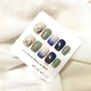 纯手工穿戴甲蓝绿色渲染超短梯艺术油画美甲显白有气质温柔淑女