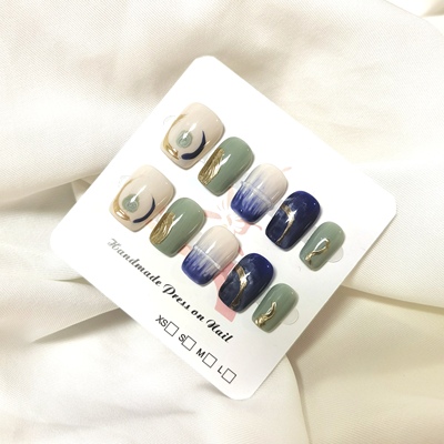 纯手工穿戴甲蓝绿色渲染超短梯艺术油画美甲显白有气质温柔淑女