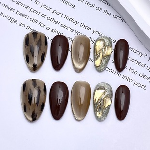 秋冬新款 纯手工穿戴甲椭圆杏仁甲猫眼高级晕染豹纹高级显白美甲