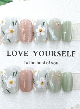 夏日新款手工穿戴甲超短梯椭圆绿色小清新显白花花小众日常美甲