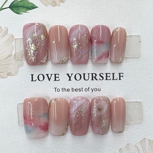 新款 手工穿戴甲椭圆短梯粉色立体小花小清新晕染日常百搭美甲