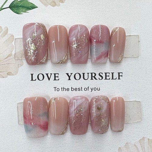 新款手工穿戴甲椭圆短梯粉色立体小花小清新晕染日常百搭美甲