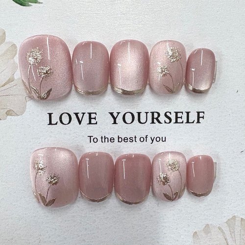 春夏新款纯手工穿戴甲超短梯短方圆手绘小花日常小清新ins美甲