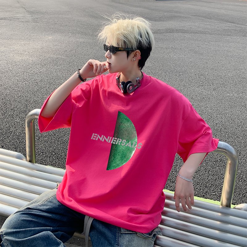高街多巴胺落肩宽松印花男T恤男
