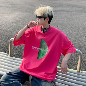 高街多巴胺落肩宽松印花男T恤男
